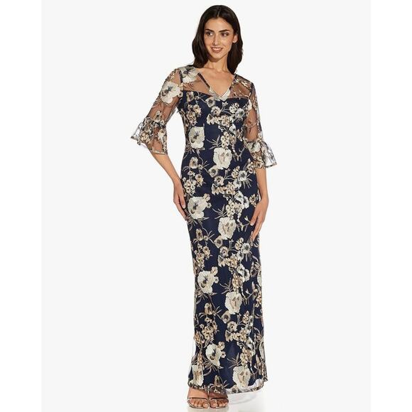 NWT Adrianna Papell Embroidered Floral Column Gown Maxi Dress Navy Blue Size 12 - Picture 1 of 11